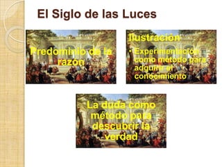 El Siglo de las Luces
                   Ilustración
Predominio de la   • Experimentación
     razón           como método para
                     adquirir el
                     conocimiento


           La duda como
            método para
            descubrir la
               verdad
 