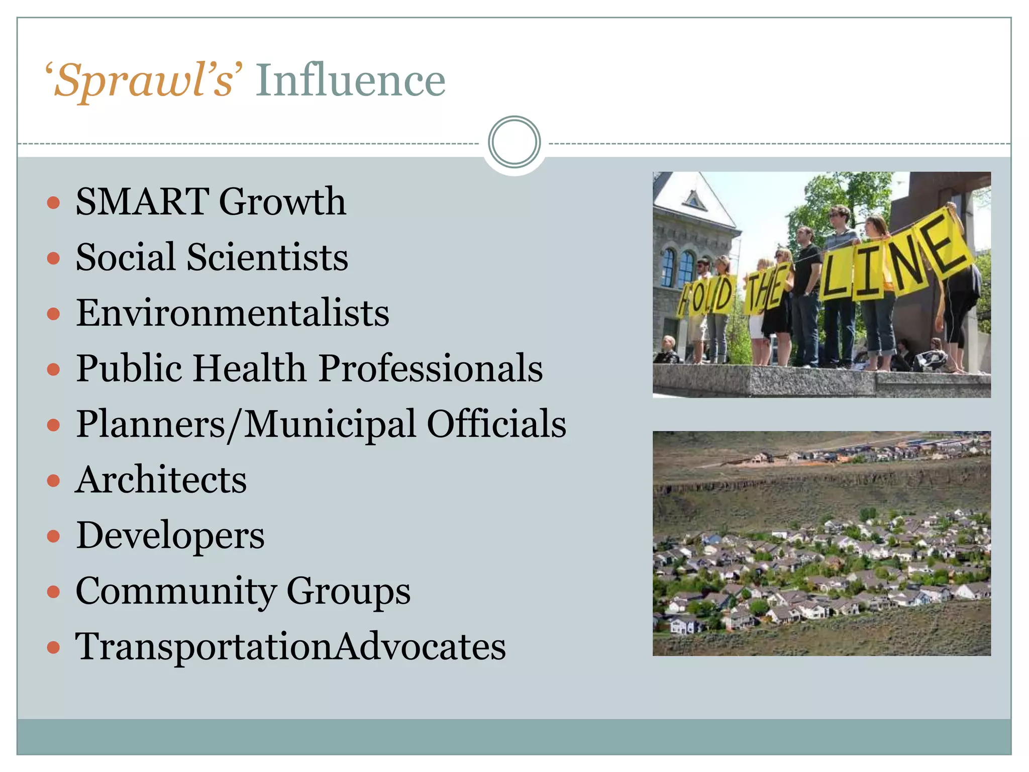 ‘Sprawl’s’ InfluenceSMART GrowthSocial ScientistsEnvironmentalistsPublic Health ProfessionalsPlanners/Municipal OfficialsArchitectsDevelopersCommunity GroupsTransportationAdvocates