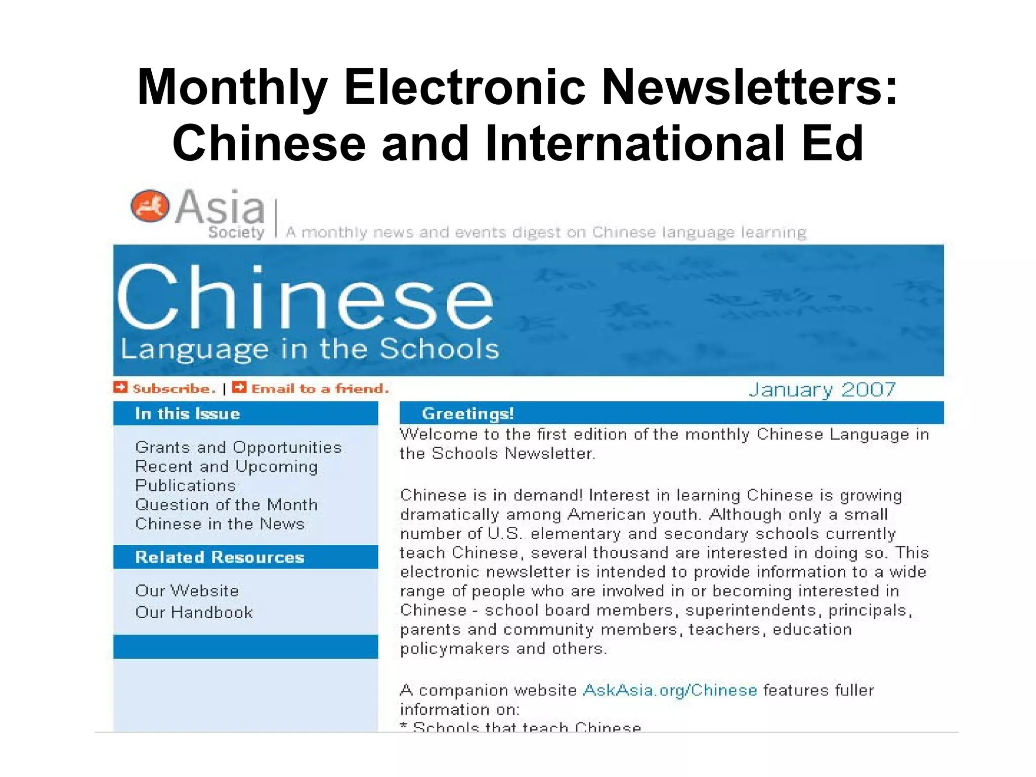 Monthly Electronic Newsletters: Chinese and International Ed 