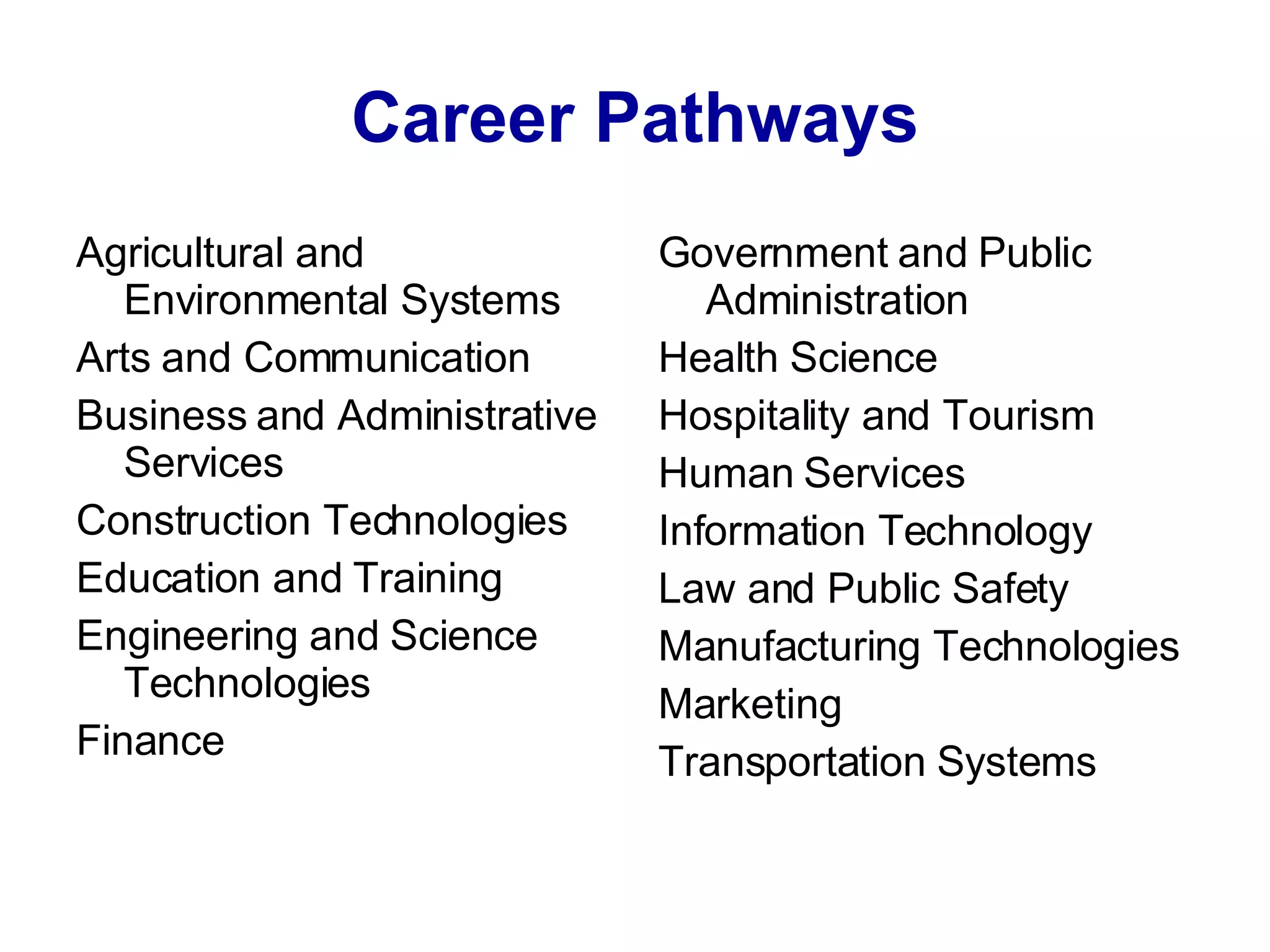 Career Pathways Agricultural and Environmental Systems Arts and Communication Business and Administrative Services Construction Technologies Education and Training Engineering and Science Technologies Finance Government and Public Administration  Health Science Hospitality and Tourism Human Services Information Technology Law and Public Safety Manufacturing Technologies Marketing Transportation Systems 