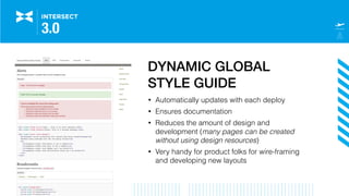 DYNAMIC GLOBAL
STYLE GUIDE
• Automatically updates with each deploy
• Ensures documentation
• Reduces the amount of design...