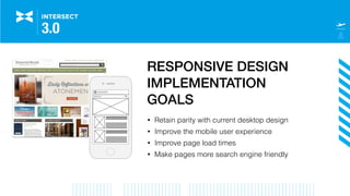 RESPONSIVE DESIGN
IMPLEMENTATION
GOALS
• Retain parity with current desktop design
• Improve the mobile user experience
• ...