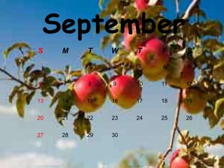 September
S M T W T F S
1 2 3 4 5
6 7 8 9 10 11 12
13 14 15 16 17 18 19
20 21 22 23 24 25 26
27 28 29 30
 