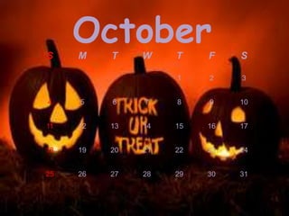 OctoberS M T W T F S
1 2 3
4 5 6 7 8 9 10
11 12 13 14 15 16 17
18 19 20 21 22 23 24
25 26 27 28 29 30 31
 