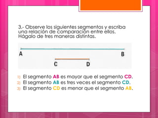 3.- Observe los siguientes segmentos y escriba
una relación de comparación entre ellos.
Hágalo de tres maneras distintas.




1)   El segmento AB es mayor que el segmento CD.
2)   El segmento AB es tres veces el segmento CD.
3)   El segmento CD es menor que el segmento AB.
 