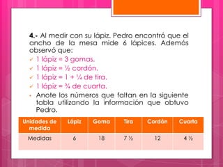 4.- Al medir con su lápiz. Pedro encontró que el
  ancho de la mesa mide 6 lápices. Además
  observó que:
   1 lápiz = 3 gomas.
   1 lápiz = ½ cordón.
   1 lápiz = 1 + ¼ de tira.
   1 lápiz = ¾ de cuarta.
  • Anote los números que faltan en la siguiente
    tabla utilizando la información que obtuvo
    Pedro.
Unidades de   Lápiz   Goma    Tira   Cordón    Cuarta
  medida
 Medidas       6       18     7½       12       4½
 