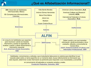 DHI:  Desarrollo de Habilidades Informacionales, México CI:  Competencias Informacionales, Colombia. ¿Qué es Alfabetización Informacional? Saber cuando y por qué necesitas información, dónde encontrarla y cómo evaluarla, utilizarla y comunicarla de manera ética,   CILIP, Chatered Institute of Library and Information Professionals, 2004 ALFIN Sinónimos Instituciones  American Library Association , ALA American College and Research Libraries , ACRL International Federation of Library Associattion,  IFLA  Félix Benito Morales Antonio Gómez Hernández María Pinto Molina Jesus Lau Badwen Susan Cristine Bruce   Autores Definiciones Un conjunto de habilidades que capacitan para reconocer cuándo se necesita información y poseer la capacidad de localizar, evaluar y utilizar eficazmente la información requerida ALA, American Library Association, 1989 Habilidades, conocimientos y actitudes, que el estudiante debe poner en práctica para identificar lo que necesita saber sobre un tema específico en un momento dado, buscar efectivamente la información que esto requiere, determinar si esta información es pertinente para responder a sus necesidades y convertirla en conocimiento útil aplicable en contextos variados y reales.   Fundación Piedrahita, Colombia, 2002 