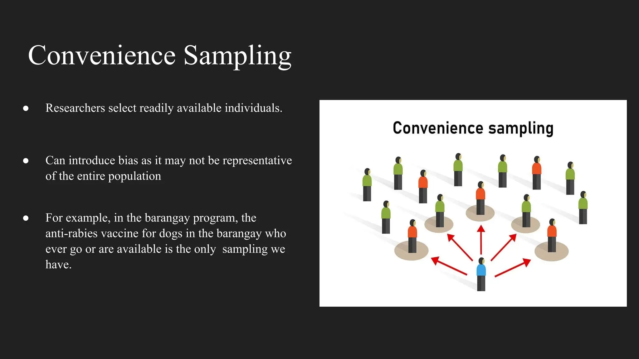 Convenience Sampling
● Researchers select readily available individuals.
● Can introduce bias as it may not be representative
of the entire population
● For example, in the barangay program, the
anti-rabies vaccine for dogs in the barangay who
ever go or are available is the only sampling we
have.
 