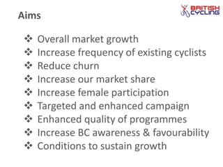 Aims
 Overall market growth
 Increase frequency of existing cyclists
 Reduce churn
 Increase our market share
 Increase female participation
 Targeted and enhanced campaign
 Enhanced quality of programmes
 Increase BC awareness & favourability
 Conditions to sustain growth
 