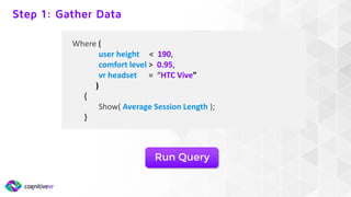 Where (
user height < 190,
comfort level > 0.95,
vr headset = “HTC Vive”
)
{
Show( Average Session Length );
}
Run Query
Step 1: Gather Data
 