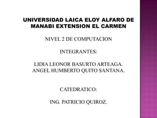 UNIVERSIDAD LAICA ELOY ALFARO DE MANABI EXTENSION EL CARMEN NIVEL 2 DE COMPUTACION INTEGRANTES: LIDIA LEONOR BASURTO ARTEAGA. ANGEL HUMBERTO QUITO SANTANA. CATEDRATICO: ING. PATRICIO QUIROZ. 