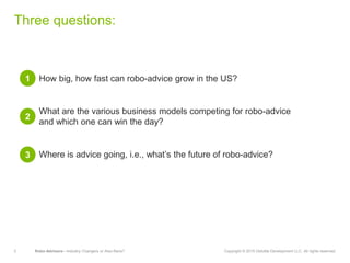 2 Robo-Advisors—Industry Changers or Also-Rans? Copyright © 2015 Deloitte Development LLC. All rights reserved.
Three questions:
How big, how fast can robo-advice grow in the US?
What are the various business models competing for robo-advice
and which one can win the day?
Where is advice going, i.e., what’s the future of robo-advice?
1
2
3
 