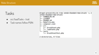 18
Tasks
 src/loadTasks - trait
 Task names follow PSR4
Robo Structure
 