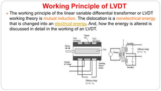 Working Principle of LVDT
 The working principle of the linear variable differential transformer or LVDT
working theory is mutual induction. The dislocation is a nonelectrical energy
that is changed into an electrical energy. And, how the energy is altered is
discussed in detail in the working of an LVDT.
 