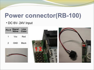 Power connector(RB-100)
• DC 6V- 24V Input
Pin # Signal
Name
Line
Color
1 Vxx Red
2 GND Black
1 2
12
 