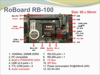 PWM
S1~S16LAN
COM 4
(TTL, Half-duplex)
A/D
I2
C / SPI
COM 3
(TTL, Full-
duplex)
COM 2 (RS-
485)
USB
USB
Micro SD
slot
JTAG Speaker
Line out
Mic in
Mini PCI
Power
PWM
S17~S24
COM 1
(RS-232)
RoBoard RB-100
1. 1000MHz, 256MB DDR2
2. PC compatible
3. Build in PWM/GPIO 24Ch
4. USB v2.0 ports × 3
5. TTL COM ports × 2
6. Audio connector
7. RS-232 port × 1
8. RS-485 port × 1
9. I2
C Bus
10. SPI Bus
11. Power consumption 5V@400mA (2W)
12. DC 6V-24V
Size: 96 x 56mm
 