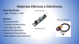 Materiais Elétricos e Eletrônicos
Chave liga/desliga:
• Ligar e desligar o robô.
Sensores:
Sensores de Boda:
• Sensores Infravermelho;
• Dois lados do robô
Sensores de adversário:
• Sensores infravermelhos;
• Mais rápido e mais resistentes.
Sensor de Linha
Sensor de adversário
Techmount, site.
 