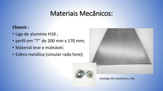 Materiais Mecânicos:
Chassis :
• Liga de alumínio H18 ;
• perfil em “T” de 200 mm x 170 mm;
• Material leve e maleável;
• Esfera metálica (simular roda livre);
Catalogo de arquitetura, site.
 