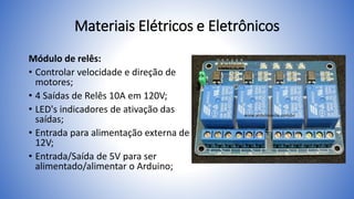 Materiais Elétricos e Eletrônicos
Módulo de relês:
• Controlar velocidade e direção de
motores;
• 4 Saídas de Relês 10A em 120V;
• LED's indicadores de ativação das
saídas;
• Entrada para alimentação externa de
12V;
• Entrada/Saída de 5V para ser
alimentado/alimentar o Arduino;
 