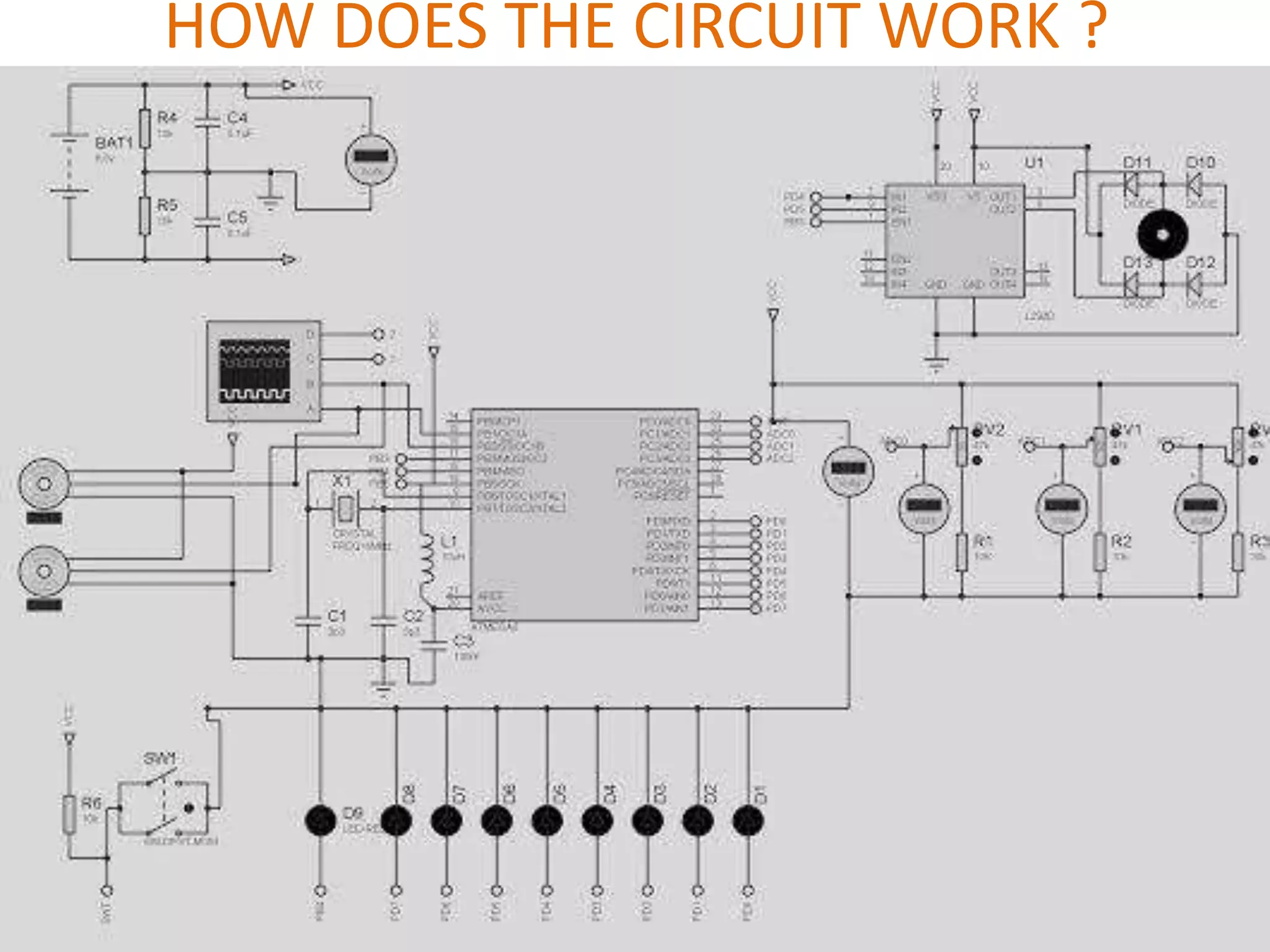 HOW DOES THE CIRCUIT WORK ?
•The Port B of the microcontroller
is set for the output. Reference
voltage is at AVcc.
•The ADC converts an analog input
voltage to a 8-bit digital value
through successive approximation..
•The ADC is enabled by setting the
ADC Enable bit, ADEN in ADCSRA.
•The ADC generates a 10-bit result
which is presented in the ADC Data
Registers, ADCH and ADCL.
•A single conversion is started by
writing a logical one to the ADC
Start Conversion bit, ADSC. This bit
stays high as long as the conversion
is in progress and will be cleared by
hardware when the conversion is
completed.
 