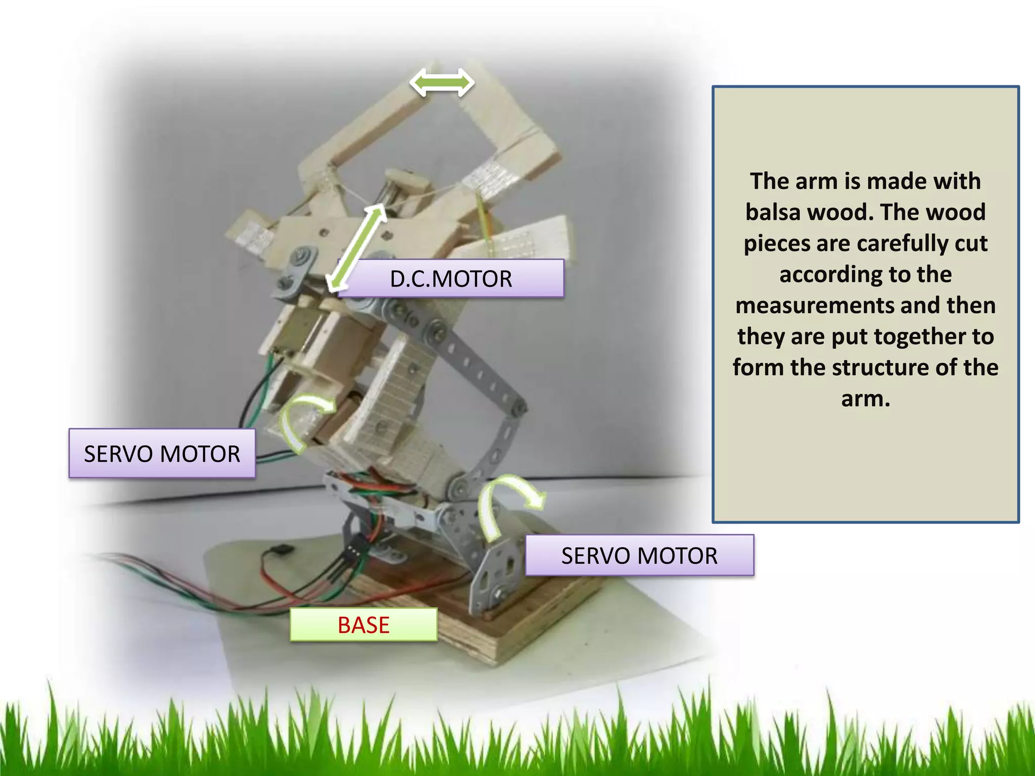 D.C.MOTOR
SERVO MOTOR
SERVO MOTOR
BASE
The arm is made with
balsa wood. The wood
pieces are carefully cut
according to the
measurements and then
they are put together to
form the structure of the
arm.
 