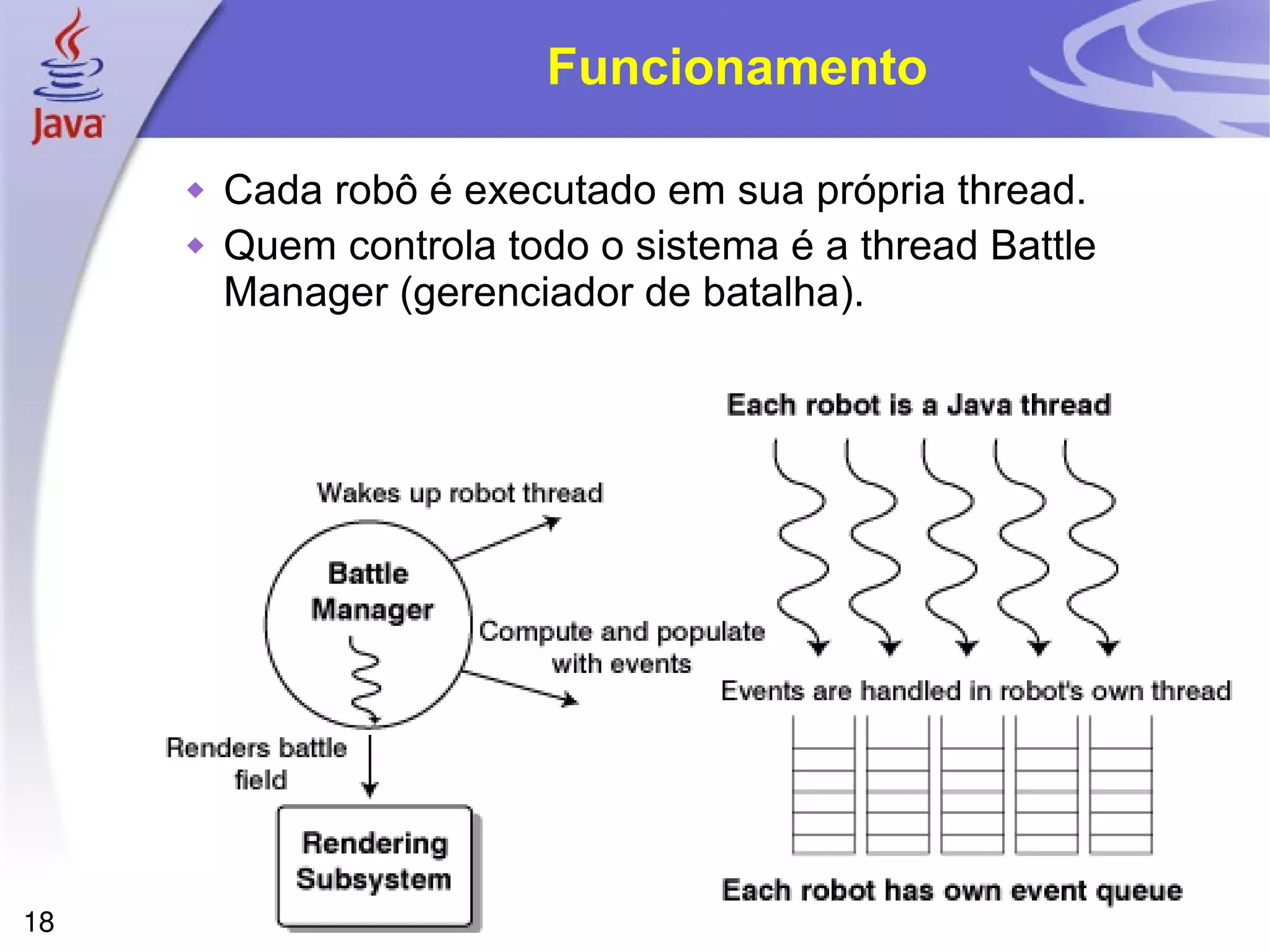 18
Funcionamento
 Cada robô é executado em sua própria thread.
 Quem controla todo o sistema é a thread Battle
Manager (gerenciador de batalha).
 