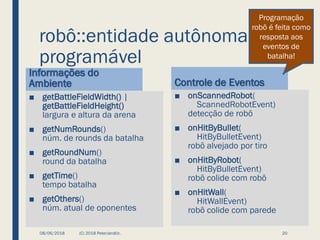 robô::entidade autônoma
programável
Informações do
Ambiente
■ getBattleFieldWidth() |
getBattleFieldHeight()
largura e altura da arena
■ getNumRounds()
núm. de rounds da batalha
■ getRoundNum()
round da batalha
■ getTime()
tempo batalha
■ getOthers()
núm. atual de oponentes
Controle de Eventos
■ onScannedRobot(
ScannedRobotEvent)
detecção de robô
■ onHitByBullet(
HitByBulletEvent)
robô alvejado por tiro
■ onHitByRobot(
HitByBulletEvent)
robô colide com robô
■ onHitWall(
HitWallEvent)
robô colide com parede
08/06/2018 (C) 2018 PeterJandlJr. 20
Programação
robô é feita como
resposta aos
eventos de
batalha!
 