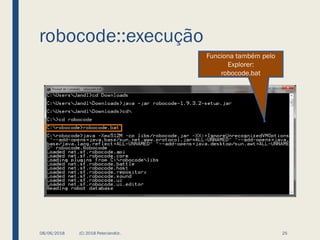 robocode::execução
08/06/2018 (C) 2018 PeterJandlJr. 25
Funciona também pelo
Explorer:
robocode.bat
 