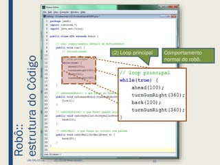 Robô::
estruturadoCódigo
08/06/2018 (C) 2018 PeterJandlJr. 33
(2) Loop principal Comportamento
normal do robô.
 