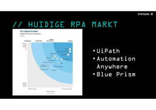 // HUIDIGE RPA MARKT
• UiPath
• Automation
Anywhere
• Blue Prism
 