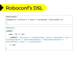 Domainmodel:
(elements+= (Component | Facet | InstanceOf | ServiceECA ))*
;
Component:
COMMENT*
name = ID '{' EOL+
(COMMENT* (installer += InstallerComp | alias += AliasComp | icon +=
IconComp|exports += ExportComp|imports += ImportComp|children +=
ChildrenComp | facets += FacetChild))*
'}' EOL+
;
 