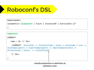 Domainmodel:
(elements+= (Component | Facet | InstanceOf | ServiceECA ))*
;
Component:
COMMENT*
name = ID '{' EOL+
(COMMENT* (installer += InstallerComp | alias += AliasComp | icon +=
IconComp|exports += ExportComp|imports += ImportComp|children +=
ChildrenComp | facets += FacetChild))*
'}' EOL+
;
 