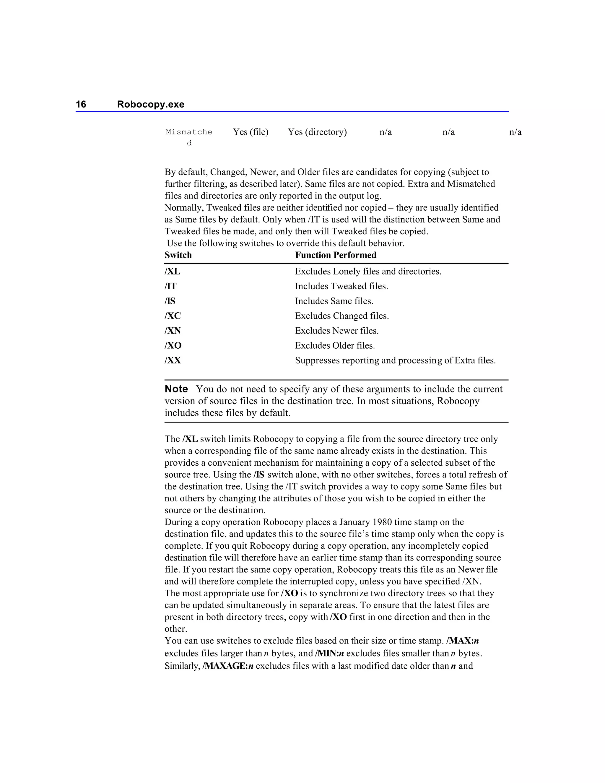 16   Robocopy.exe

             Mismatche        Yes (file)     Yes (directory)           n/a              n/a               n/a
                 d


             By default, Changed, Newer, and Older files are candidates for copying (subject to
             further filtering, as described later). Same files are not copied. Extra and Mismatched
             files and directories are only reported in the output log.
             Normally, Tweaked files are neither identified nor copied – they are usually identified
             as Same files by default. Only when /IT is used will the distinction between Same and
             Tweaked files be made, and only then will Tweaked files be copied.
              Use the following switches to override this default behavior.
             Switch                              Function Performed
             /XL                               Excludes Lonely files and directories.
             /IT                               Includes Tweaked files.
             /IS                               Includes Same files.
             /XC                               Excludes Changed files.
             /XN                               Excludes Newer files.
             /XO                               Excludes Older files.
             /XX                               Suppresses reporting and processing of Extra files.


             Note You do not need to specify any of these arguments to include the current
             version of source files in the destination tree. In most situations, Robocopy
             includes these files by default.

             The /XL switch limits Robocopy to copying a file from the source directory tree only
             when a corresponding file of the same name already exists in the destination. This
             provides a convenient mechanism for maintaining a copy of a selected subset of the
             source tree. Using the /IS switch alone, with no other switches, forces a total refresh of
             the destination tree. Using the /IT switch provides a way to copy some Same files but
             not others by changing the attributes of those you wish to be copied in either the
             source or the destination.
             During a copy operation Robocopy places a January 1980 time stamp on the
             destination file, and updates this to the source file’s time stamp only when the copy is
             complete. If you quit Robocopy during a copy operation, any incompletely copied
             destination file will therefore have an earlier time stamp than its corresponding source
             file. If you restart the same copy operation, Robocopy treats this file as an Newer file
             and will therefore complete the interrupted copy, unless you have specified /XN.
             The most appropriate use for /XO is to synchronize two directory trees so that they
             can be updated simultaneously in separate areas. To ensure that the latest files are
             present in both directory trees, copy with /XO first in one direction and then in the
             other.
             You can use switches to exclude files based on their size or time stamp. /MAX:n
             excludes files larger than n bytes, and /MIN:n excludes files smaller than n bytes.
             Similarly, /MAXAGE:n excludes files with a last modified date older than n and
 