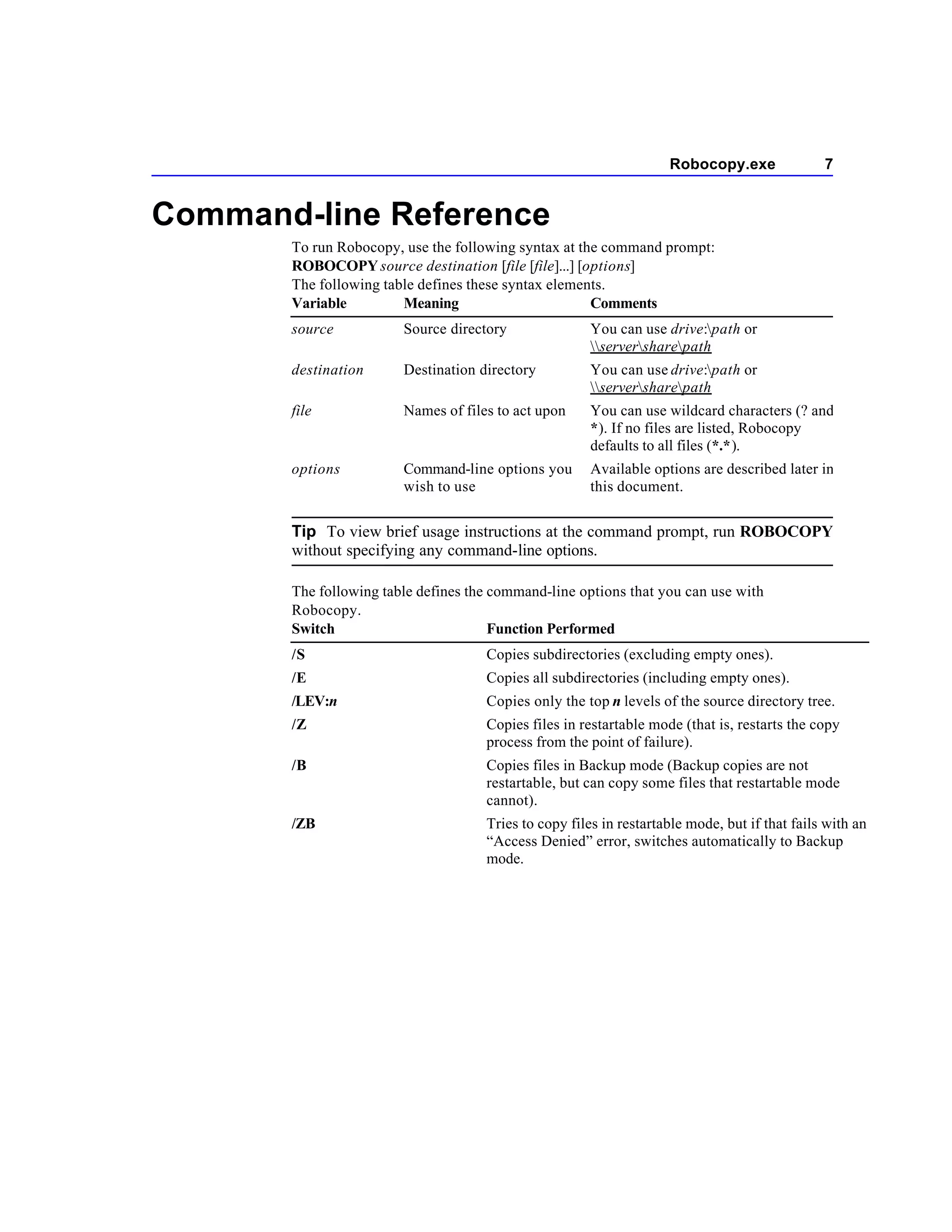Robocopy.exe               7


Command-line Reference
       To run Robocopy, use the following syntax at the command prompt:
       ROBOCOPY source destination [file [file]...] [options]
       The following table defines these syntax elements.
       Variable         Meaning                       Comments
       source           Source directory               You can use drive:path or
                                                       serversharepath
       destination      Destination directory          You can use drive:path or
                                                       serversharepath
       file             Names of files to act upon     You can use wildcard characters (? and
                                                       *). If no files are listed, Robocopy
                                                       defaults to all files (*.*).
       options          Command-line options you       Available options are described later in
                        wish to use                    this document.


       Tip To view brief usage instructions at the command prompt, run ROBOCOPY
       without specifying any command-line options.

       The following table defines the command-line options that you can use with
       Robocopy.
       Switch                          Function Performed
       /S                            Copies subdirectories (excluding empty ones).
       /E                            Copies all subdirectories (including empty ones).
       /LEV:n                        Copies only the top n levels of the source directory tree.
       /Z                            Copies files in restartable mode (that is, restarts the copy
                                     process from the point of failure).
       /B                            Copies files in Backup mode (Backup copies are not
                                     restartable, but can copy some files that restartable mode
                                     cannot).
       /ZB                           Tries to copy files in restartable mode, but if that fails with an
                                     “Access Denied” error, switches automatically to Backup
                                     mode.
 