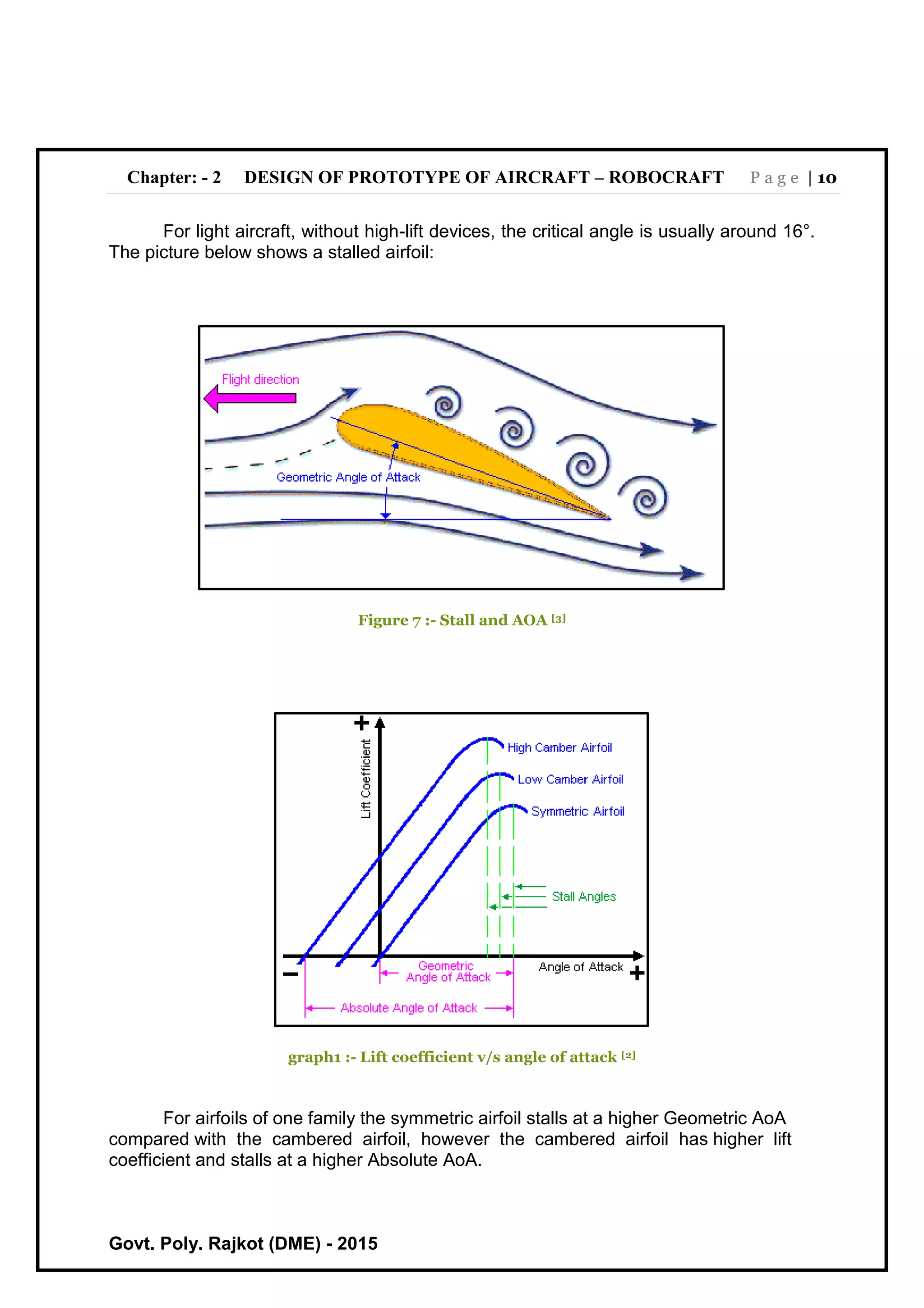 Chapter: - 2 DESIGN OF PROTOTYPE OF AIRCRAFT – ROBOCRAFT P a g e | 10
Govt. Poly. Rajkot (DME) - 2015
For light aircraft, without high-lift devices, the critical angle is usually around 16°.
The picture below shows a stalled airfoil:
Figure 7 :- Stall and AOA [3]
graph1 :- Lift coefficient v/s angle of attack [2]
For airfoils of one family the symmetric airfoil stalls at a higher Geometric AoA
compared with the cambered airfoil, however the cambered airfoil has higher lift
coefficient and stalls at a higher Absolute AoA.
 