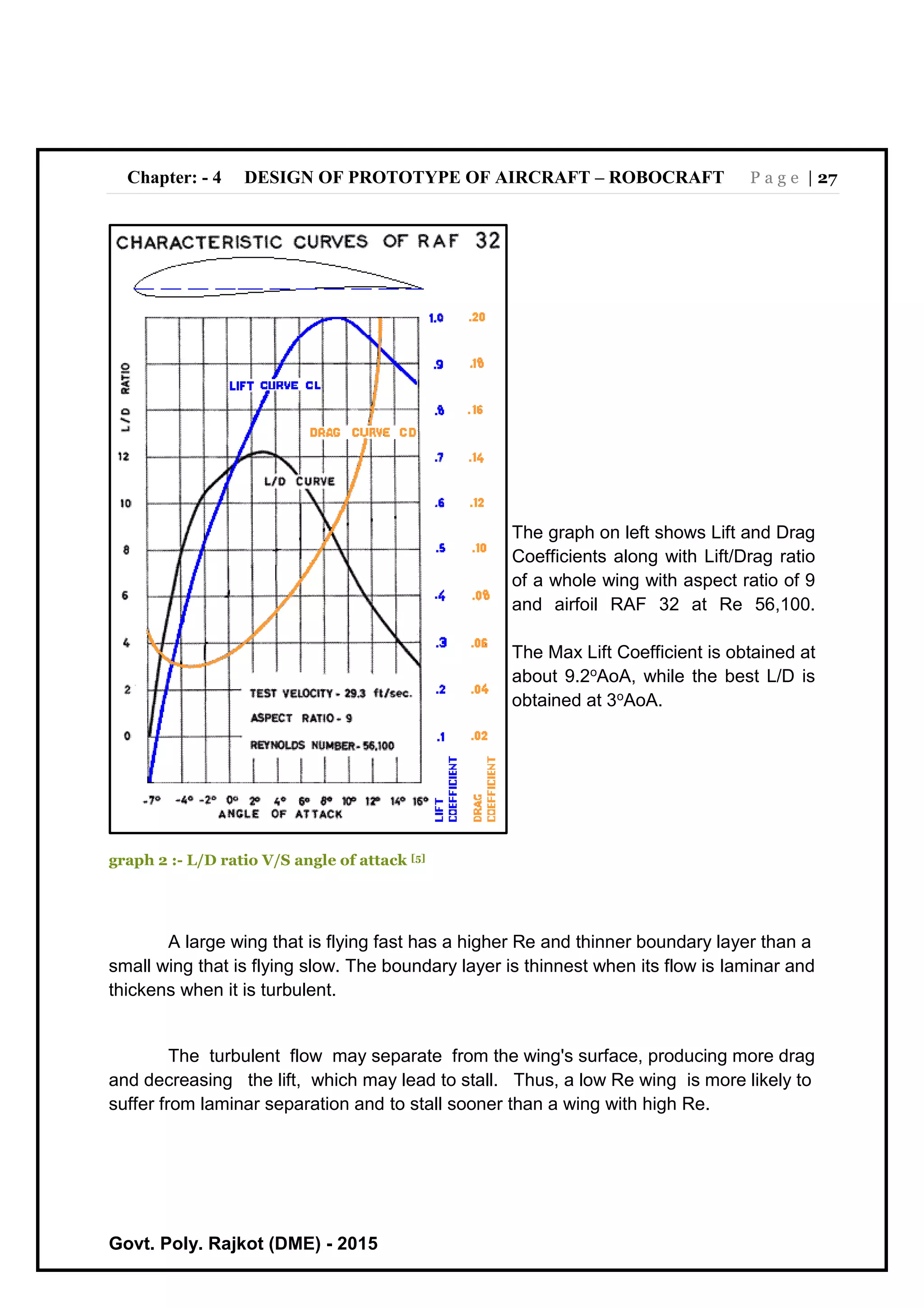 Chapter: - 4 DESIGN OF PROTOTYPE OF AIRCRAFT – ROBOCRAFT P a g e | 27
Govt. Poly. Rajkot (DME) - 2015
graph 2 :- L/D ratio V/S angle of attack [5]
The graph on left shows Lift and Drag
Coefficients along with Lift/Drag ratio
of a whole wing with aspect ratio of 9
and airfoil RAF 32 at Re 56,100.
The Max Lift Coefficient is obtained at
about 9.2oAoA, while the best L/D is
obtained at 3oAoA.
A large wing that is flying fast has a higher Re and thinner boundary layer than a
small wing that is flying slow. The boundary layer is thinnest when its flow is laminar and
thickens when it is turbulent.
The turbulent flow may separate from the wing's surface, producing more drag
and decreasing the lift, which may lead to stall. Thus, a low Re wing is more likely to
suffer from laminar separation and to stall sooner than a wing with high Re.
 