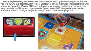 O modo EDU (educacional) também usa o tabuleiro 1 e aqui é o robô que vai indicar qual o seu destino.
Põe-se o DOC na casa de partida, com os olhos virados para a frente e ele vai pedir para programar uma
série de 3 movimentos: Mover o DOC da linha de partida até ao primeiro objetivo; mover do primeiro
para o segundo; por último, a terceira sequência, é para mover o DOC do segundo para o terceiro
objetivo. Só assim se consegue cumprir a missão, superando cada um dos 3 objetivos!
 