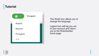 Tutorial
The World icon allows you to
change the language.
Logout icon will log you out
of your account and return
you to the RoboGarden
home page.
 