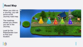 Road Map
When you click on
a Journey, you will
arrive at the
Journey road map.
The roadmap
shows you where
you are in the
Journey.
Look for the
RoboGarden icon
to find your
location.
 