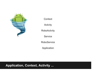 Application, Context, Activity ...
Context
Activity
RoboActivity
Service
RoboService
Application
 