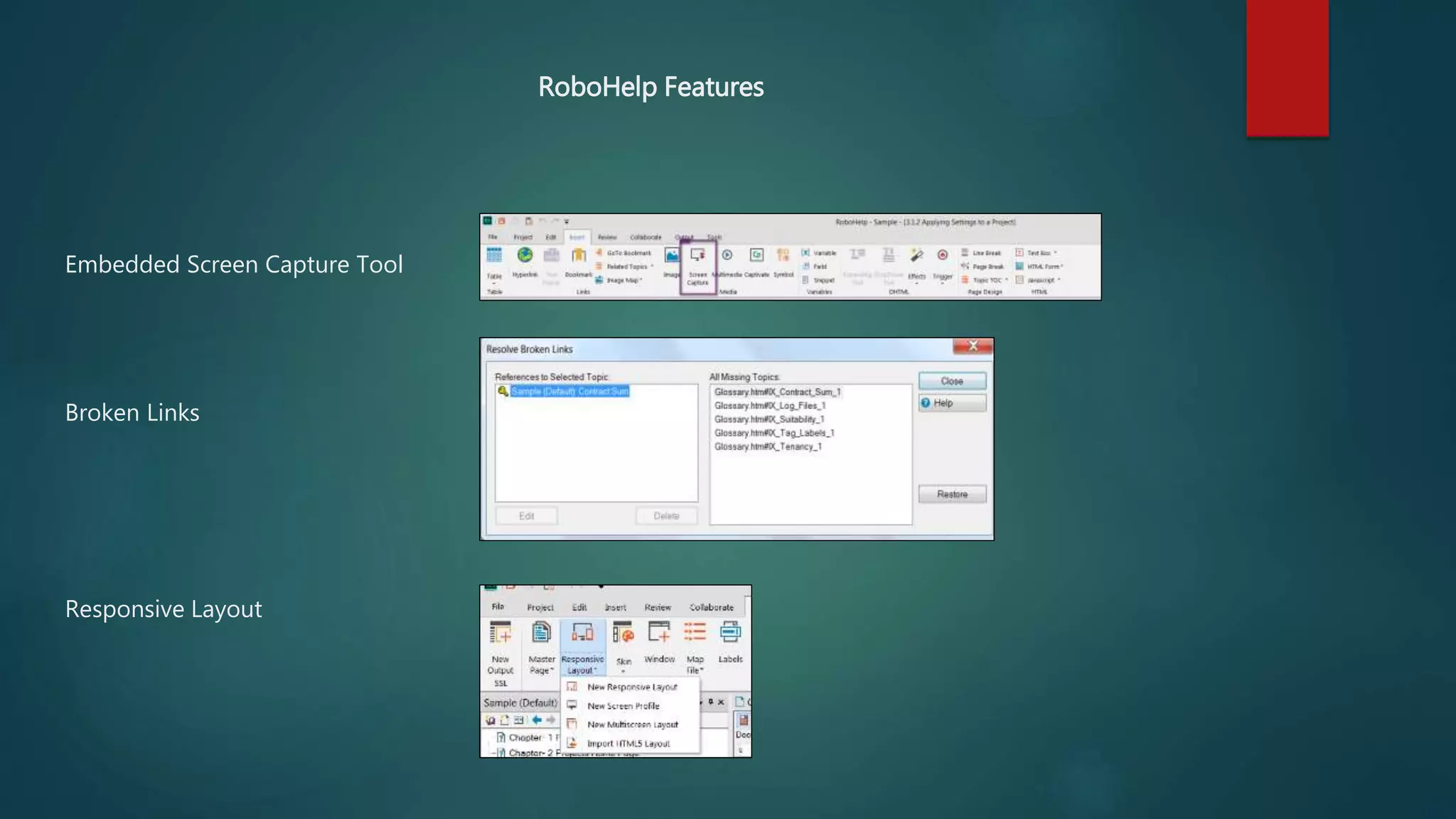 Embedded Screen Capture Tool
Responsive Layout
Broken Links
RoboHelp Features
 