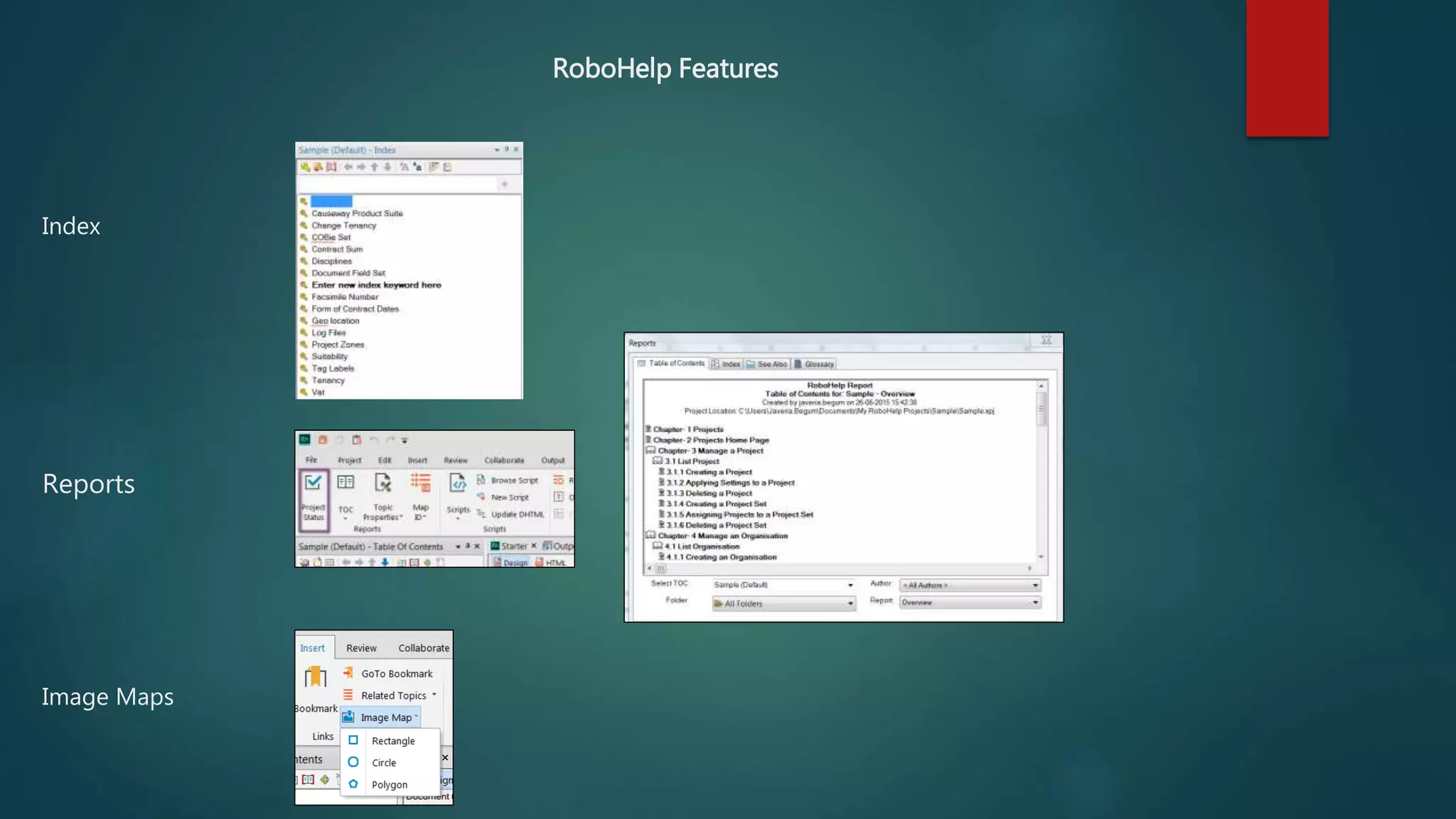 Reports
Image Maps
Index
RoboHelp Features
 