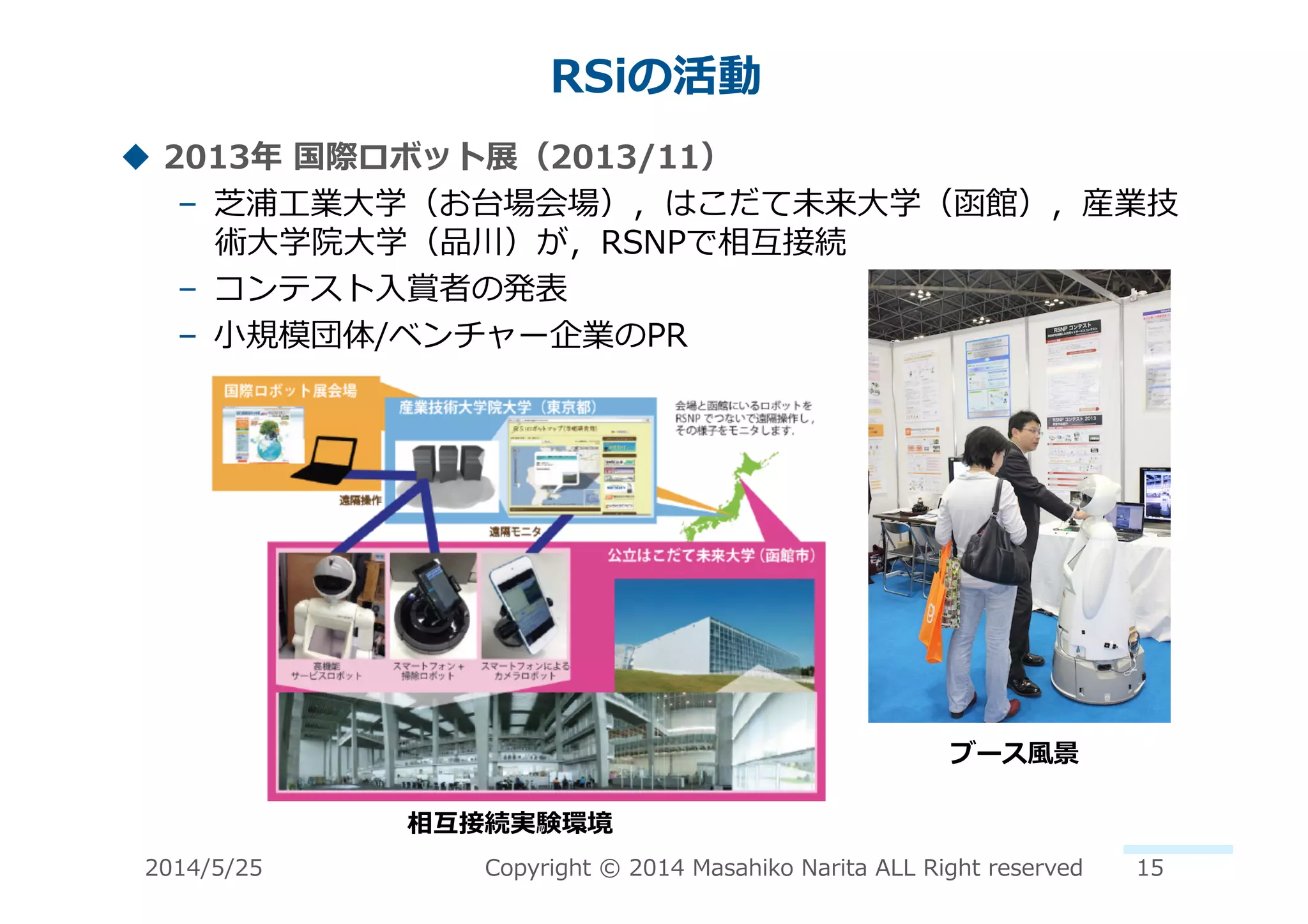 RSiの活動	
  
!  2013年年	
  国際ロボット展（2013/11）	
  
–  芝浦⼯工業⼤大学（お台場会場），はこだて未来⼤大学（函館），産業技
術⼤大学院⼤大学（品川）が，RSNPで相互接続	
  
–  コンテスト⼊入賞者の発表	
  
–  ⼩小規模団体/ベンチャー企業のPR	
  
ブース⾵風景	
  
相互接続実験環境	
  
2014/5/25	
   Copyright	
  ©	
  2014	
  Masahiko	
  Narita	
  ALL	
  Right	
  reserved	
   15	
  
 