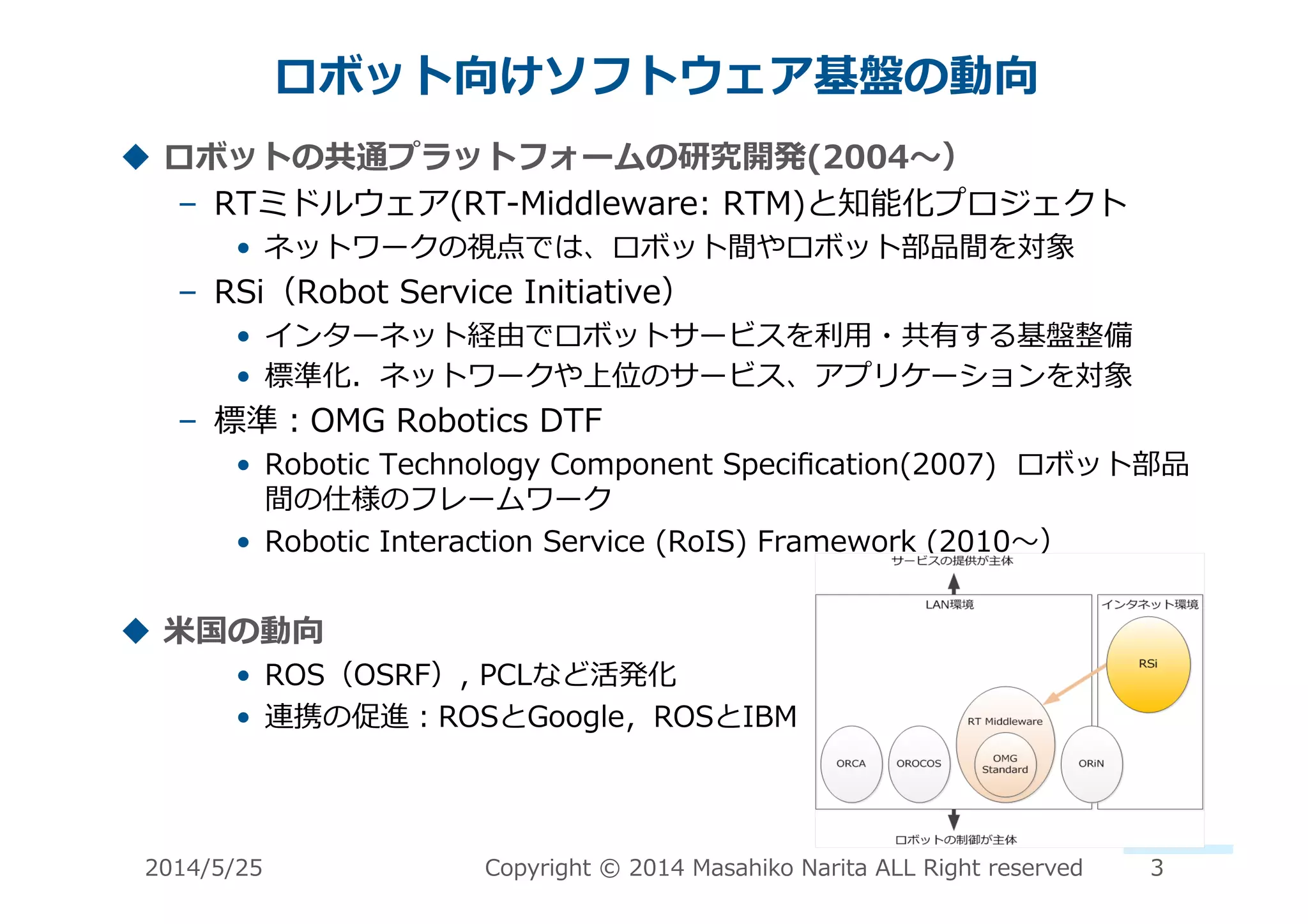ロボット向けソフトウェア基盤の動向	
  
!  ロボットの共通プラットフォームの研究開発(2004〜～）	
  
–  RTミドルウェア(RT-‐‑‒Middleware:	
  RTM)と知能化プロジェクト	
  
•  ネットワークの視点では、ロボット間やロボット部品間を対象	
  
–  RSi（Robot	
  Service	
  Initiative）	
  
•  インターネット経由でロボットサービスを利利⽤用・共有する基盤整備	
  
•  標準化．ネットワークや上位のサービス、アプリケーションを対象	
  
–  標準：OMG	
  Robotics	
  DTF	
  
•  Robotic	
  Technology	
  Component	
  Speciﬁcation(2007)	
  	
  ロボット部品
間の仕様のフレームワーク	
  
•  Robotic	
  Interaction	
  Service	
  (RoIS)	
  Framework	
  (2010〜～）	
  
!  ⽶米国の動向	
  
•  ROS（OSRF）,	
  PCLなど活発化	
  
•  連携の促進：ROSとGoogle，ROSとIBM	
  
2014/5/25	
   Copyright	
  ©	
  2014	
  Masahiko	
  Narita	
  ALL	
  Right	
  reserved	
   3	
  
 