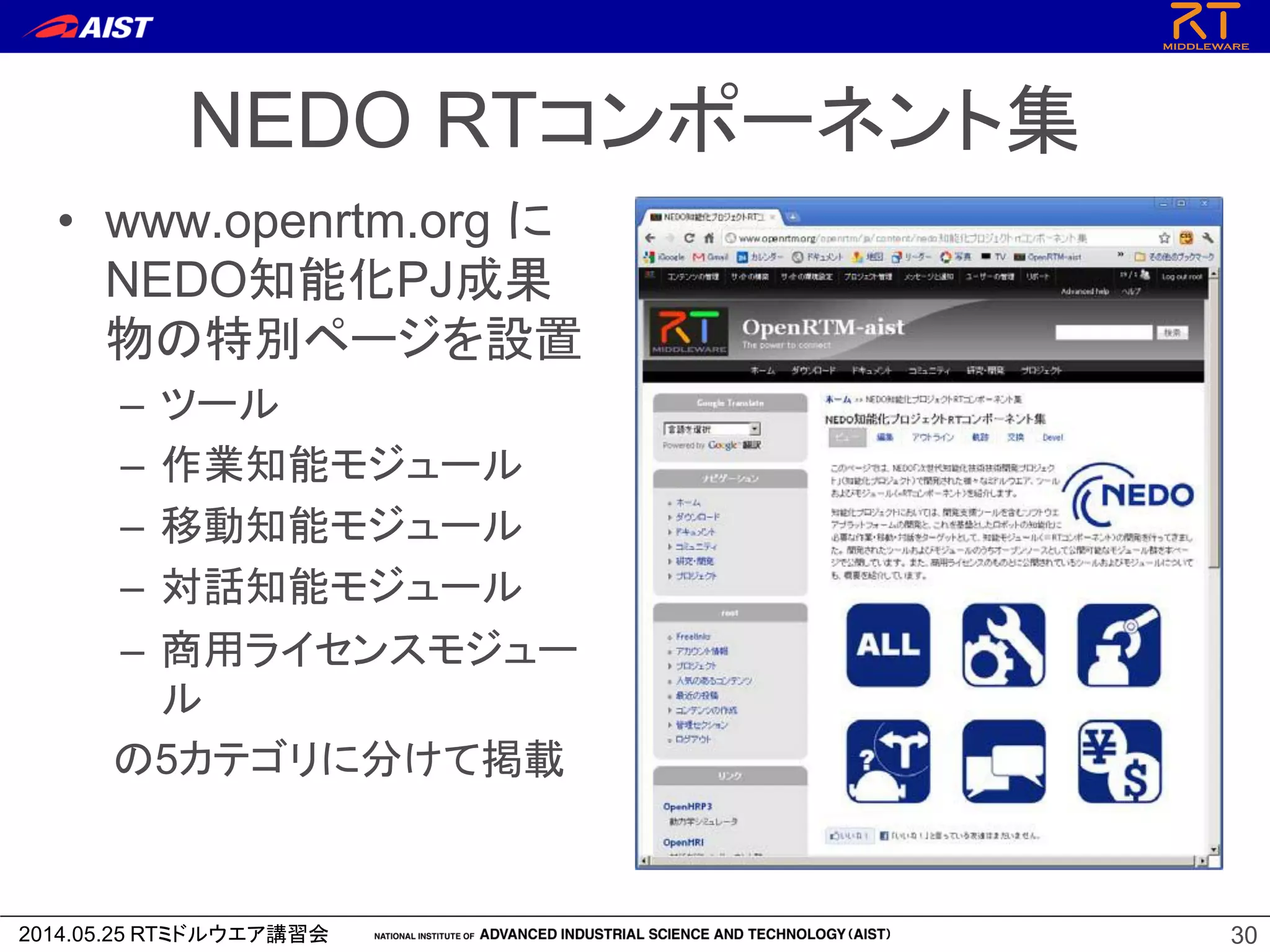 2014.05.25 RTミドルウエア講習会
NEDO RTコンポーネント集
• www.openrtm.org に
NEDO知能化PJ成果
物の特別ページを設置
– ツール
– 作業知能モジュール
– 移動知能モジュール
– 対話知能モジュール
– 商用ライセンスモジュー
ル
の5カテゴリに分けて掲載
30
 
