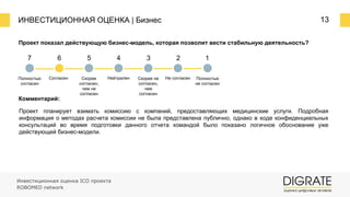 ИНВЕСТИЦИОННАЯ ОЦЕНКА | Бизнес 13
Проект показал действующую бизнес-модель, которая позволит вести стабильную деятельность?
Комментарий:
Проект планирует взимать комиссию с компаний, предоставляющих медицинские услуги. Подробная
информация о методах расчета комиссии не была представлена публично, однако в ходе конфиденциальных
консультаций во время подготовки данного отчета командой было показано логичное обоснование уже
действующей бизнес-модели.
7 6 5 4 3 2 1
Полностью
согласен
Согласен Скорее
согласен,
чем не
согласен
Нейтрален Скорее не
согласен,
чем
согласен
Не согласен Полностью
не согласен
Инвестиционная оценка ICO проекта
ROBOMED network
 