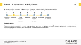 ИНВЕСТИЦИОННАЯ ОЦЕНКА | Бизнес 14
У команды уже имеется работающий продукт, который продается клиентам?
Комментарий:
Компания уже оказывает услуги медицинским центрам и предлагает работающее решение, на основании
которого разрабатывается умный контракт и новая блокчейн-система.
7 6 5 4 3 2 1
Полностью
согласен
Согласен Скорее
согласен,
чем не
согласен
Нейтрален Скорее не
согласен,
чем
согласен
Не согласен Полностью
не согласен
Инвестиционная оценка ICO проекта
ROBOMED network
 