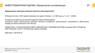 ИНВЕСТИЦИОННАЯ ОЦЕНКА | Юридическая составляющая 24
Робомед Системс, ООО зарегистрирована по адресу: Москва г, ул.1905 года, д.7, стр.1, 123022.
Генеральный директор организации Девятков Иван Александрович.
Основным видом деятельности компании является разработка компьютерного программного обеспечения.
Размер уставного капитала 6 782 350 руб.
ОБЩЕСТВО С ОГРАНИЧЕННОЙ ОТВЕТСТВЕННОСТЬЮ "РОБОМЕД СИСТЕМС присвоен ИНН 7703396140,
КПП 770301001, ОГРН 1157746797240, ОКПО 47637696.
Действует с 28.08.2015.
Юридическая структура компании является транспарентной?
Инвестиционная оценка ICO проекта
ROBOMED network
 
