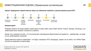 ИНВЕСТИЦИОННАЯ ОЦЕНКА | Юридическая составляющая 28
Проект предпринял превентивные меры во избежание проблем с регуляторами рынка ICO?
Комментарий:
Команда проекта не ограничивает инвесторов из каких-либо стран (США, Китай, Гонконг, Канада, Сингапур), чьи
инвестиции могут вызвать сложности у проекта.
Более того, команда считает, что она выпускает производные финансовые инструменты – деривативы, не имея
на это необходимых лицензий.
Представители проекта утверждают, что будут проводить KYC процедуру, однако ни на сайте, ни в White Paper
об этом не заявляется инвесторам.
7 6 5 4 3 2 1
Полностью
согласен
Согласен Скорее
согласен,
чем не
согласен
Нейтрален Скорее не
согласен,
чем
согласен
Не согласен Полностью
не согласен
Инвестиционная оценка ICO проекта
ROBOMED network
 