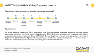 ИНВЕСТИЦИОННАЯ ОЦЕНКА | Поддержка проекта 38
Партнерами проекта являются крупные известные компании?
Комментарий:
На этапе анализа проекта не было заявлено о том, что партнерами компании являются крупные широко
известные компании, при этом проект поддерживает ООО "Открытая клиника", где председателем совета
директоров является основатель Robomed Network Филипп Миронович. Также команда проекта на условиях
подписания Non-Disclosure Agreement предоставила материалы, свидетельствующие о коммуникации с
крупными компаниями, однако характер этих коммуникаций остается неясным.
7 6 5 4 3 2 1
Полностью
согласен
Согласен Скорее
согласен,
чем не
согласен
Нейтрален Скорее не
согласен,
чем
согласен
Не согласен Полностью
не согласен
Инвестиционная оценка ICO проекта
ROBOMED network
 